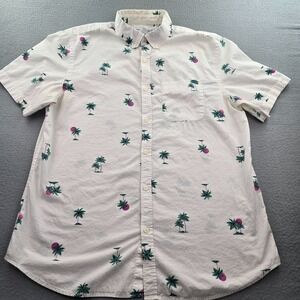 Old Navy Built in Flex Shirt Mens Tall L White Palm Trees Pink Sunset Slim Fit